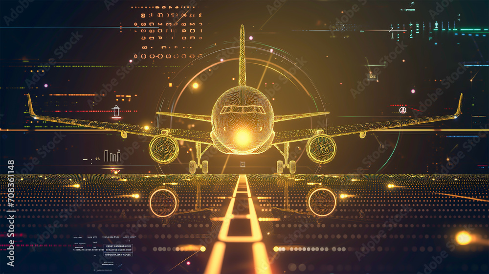 Airplane in holographic for travel and transportation concept on the plot plan drawings line graphic, design for abstract wallpaper and background Airplane in holographic for travel and transportation concept on the plot plan drawings line graphic, design for abstract wallpaper and background