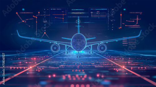 Airplane in holographic for travel and transportation concept on the plot plan drawings line graphic, design for abstract wallpaper and background 