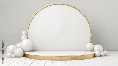 Minimal podium display decorated with white balls in gry wall background. photo