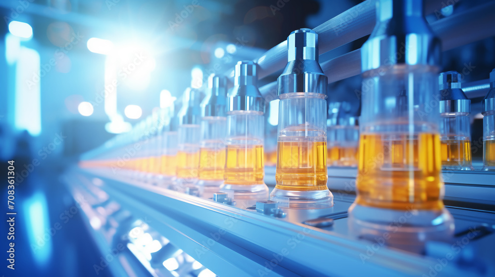 Medical vials on a pharmaceutical production line with liquid and blue lighting. Automated Vaccine Production Line Medical vials on a pharmaceutical production line with liquid and blue lighting. Automated Vaccine Production Line