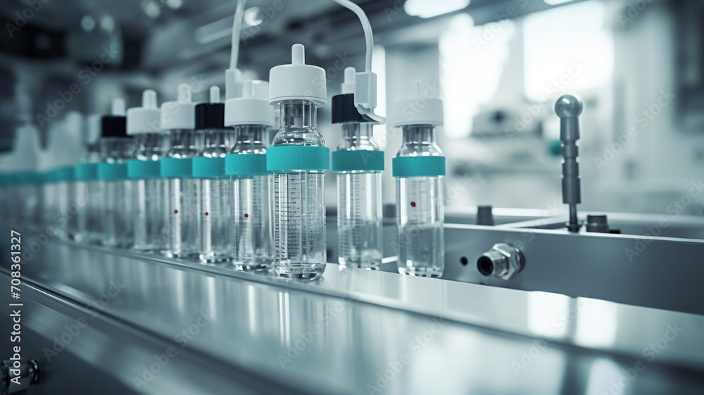 Medical vials on a pharmaceutical production line with liquid and blue lighting. Automated Vaccine Production Line Medical vials on a pharmaceutical production line with liquid and blue lighting. Automated Vaccine Production Line