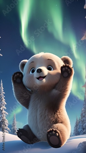 Cute baby bear looking at northern light in the sky  Cute baby animal wallpaper  high resolution illustration 