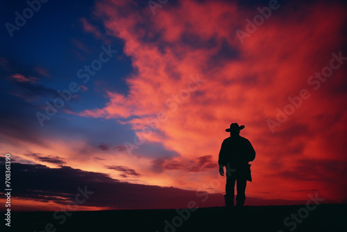 Abstract interpretation of a cowboy's silhouette with a vibrant sky.