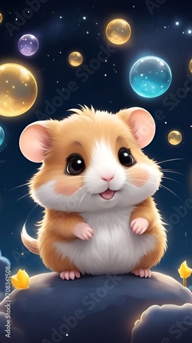 Cute baby hamster in the night outside playing with the bubbles, cute baby animal wallpapers