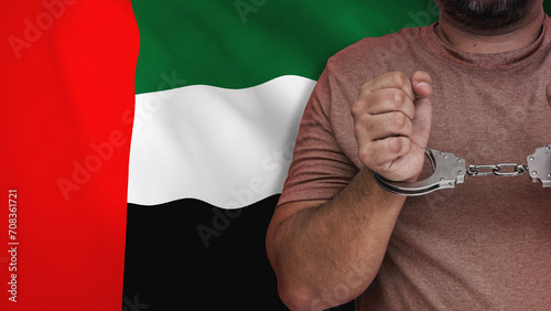 A man getting under arrest in UAE or United Arab Emirates. Concept of being handcuffed, detained, incarcerated and jailed in said country. National law enforcement concept.