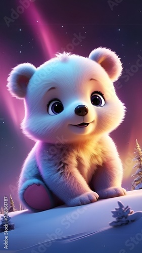Cute baby bear looking at northern light in the sky, Cute baby animal wallpaper, high resolution illustration  © Art by H