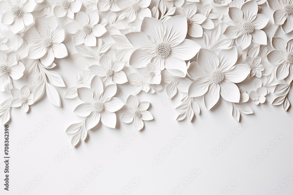Paper cut flowers and leaves, Fresh spring nature background. Floral banner, poster, flyer template with copy space.
