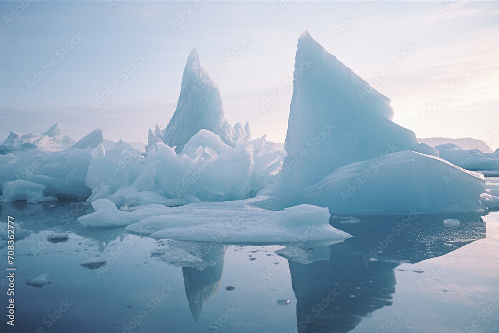 A contemporary, dream-like depiction of an arctic scene with abstract icebergs.