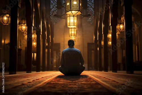 a Muslim reciting Quran at mosque in Ramadan photo