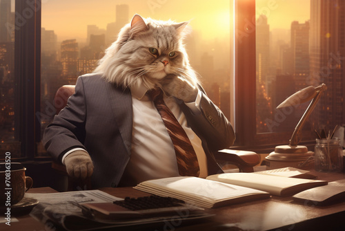 Cute and funny cat impersonating business person, working in the office photo