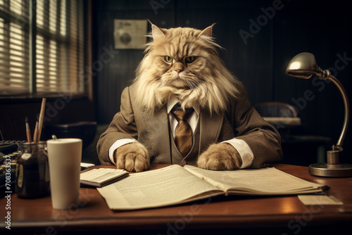 Cute and funny cat impersonating business person, working in the office photo