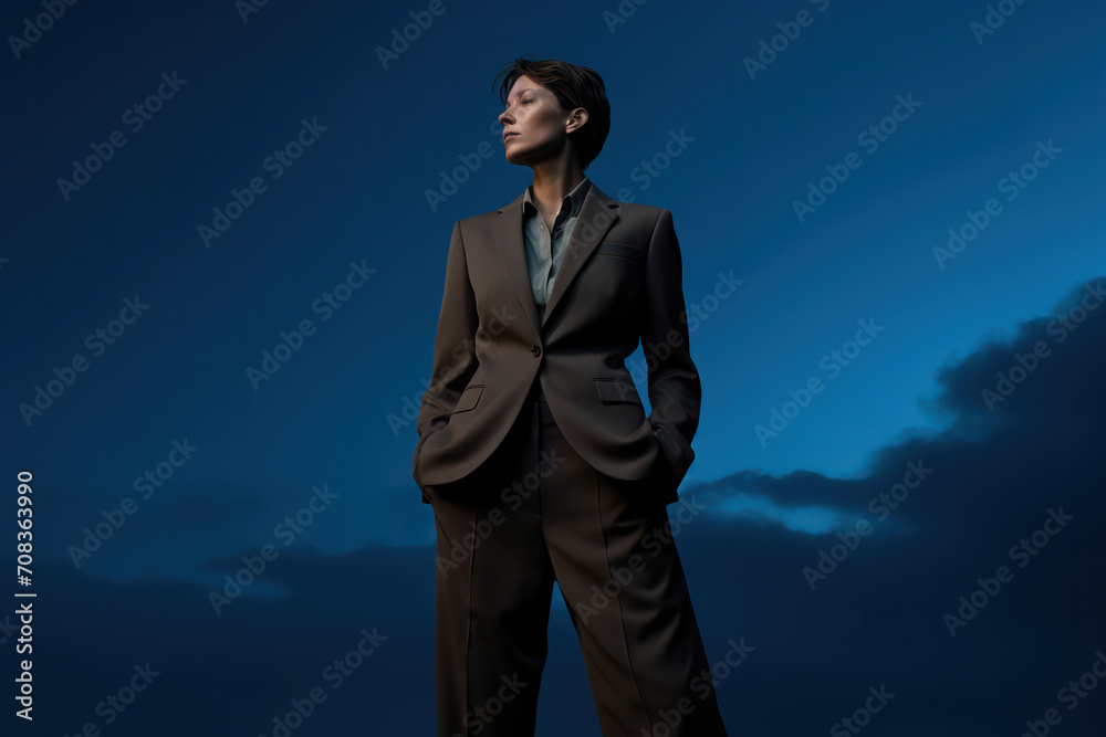 Stylish Young Caucasian Man Posing in Retro suit, exuding confidence and elegance, against a Black Studio Background Stylish Young Caucasian Man Posing in Retro suit, exuding confidence and elegance, against a Black Studio Background