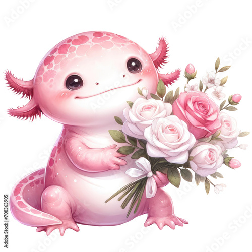 salamander cute valentine pet holding white rose transparent background © Lalita