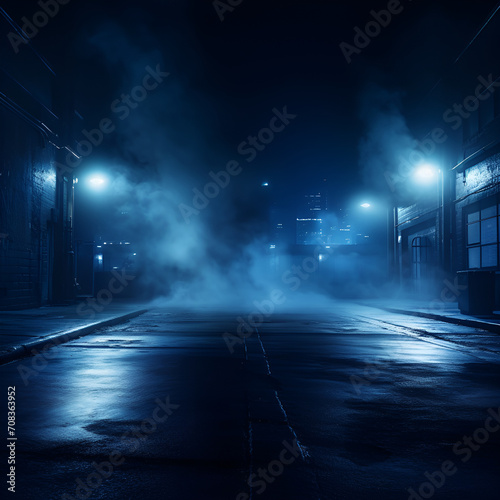 A dark empty street  dark blue background  an empty dark scene  neon light  spotlights The asphalt floor and studio room with smoke float up the interior texture. night view