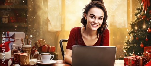 Happy young woman in a festive kitchen, happily typing on a laptop while engaging in various online activities like social networking, online shopping, remote work, or distance learning.