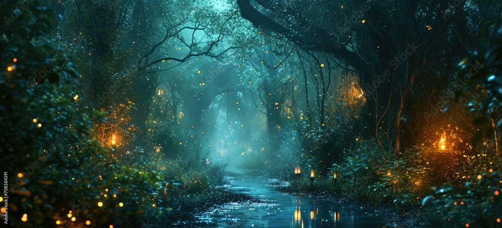Enchanted forest pathway with glowing lights and mystic atmosphere. Fantasy scene.