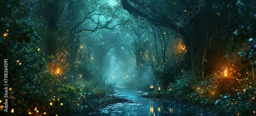 Enchanted forest pathway with glowing lights and mystic atmosphere. Fantasy scene.