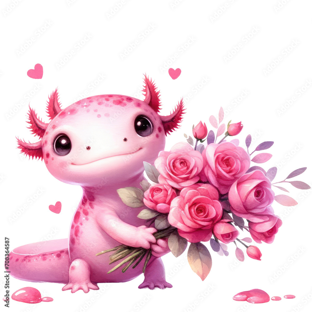 salamander cute valentine pet holding pink rose transparent background