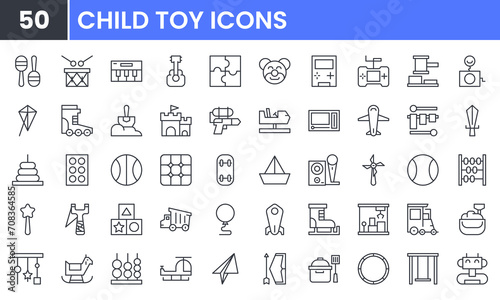 Children Toys vector line icon set. Contains linear outline icons like Baby, Ball, Kid, Bear, Game, Horse, Train, Truck, Car, Robot, Doll, Kite, Puzzle, Castle, Drum, Rattle. Editable use and stroke. photo