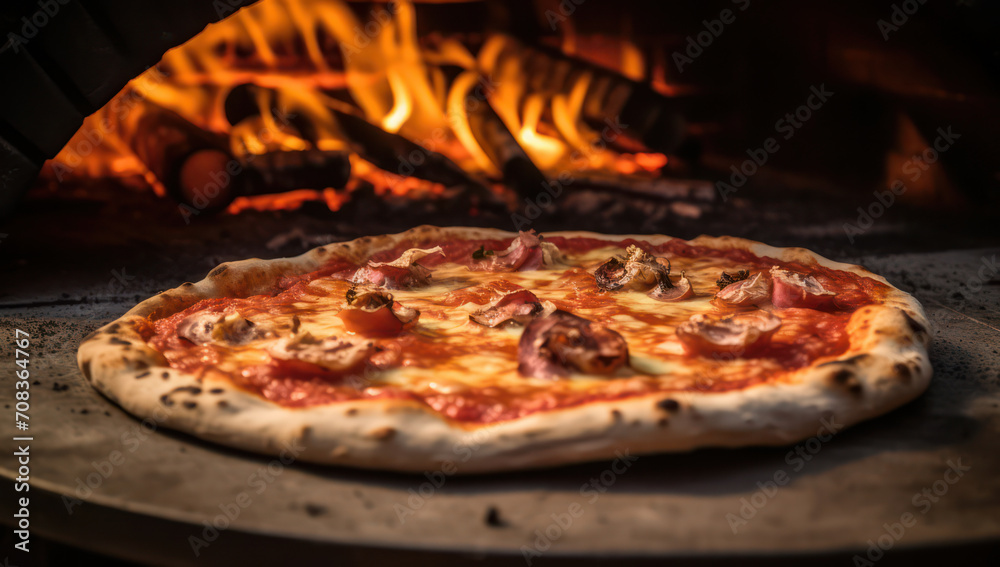 Hot Pizza Cooking in Traditional Italian Pizzeria: Delicious Wood-Fired Meal with Mozzarella, Red Flames, and Brick Oven.