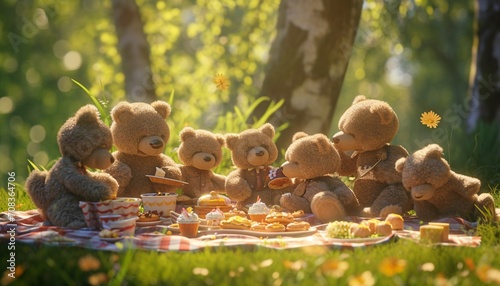 Group of teddy bears enjoying a sunny outdoor birthday party, with a picnic blanket and a delicious spread of snacks,