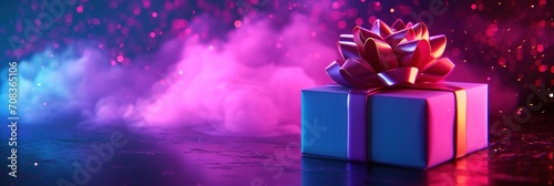 futuristic neon-lit gift box on cyber-styled neon glow colors background, ideal for unique celebrations and special , events, banner with copyspace for text. photo