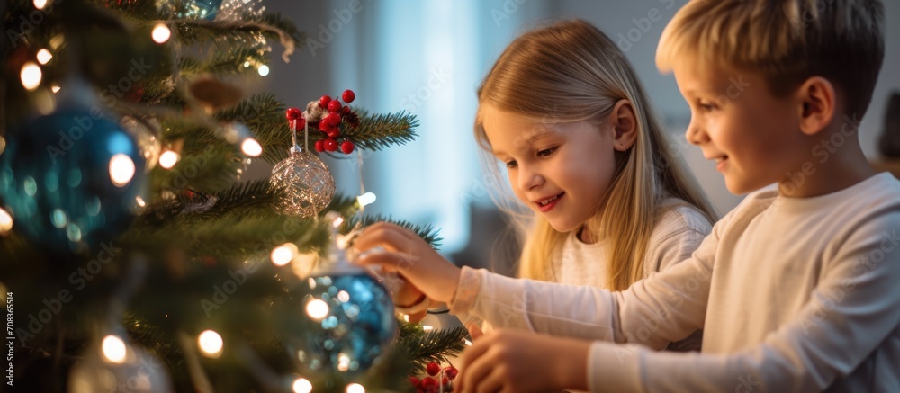 Happy siblings decorating tree at home for Christmas, surrounded by blue ornaments and fairy lights, in the living room. Happy siblings decorating tree at home for Christmas, surrounded by blue ornaments and fairy lights, in the living room.