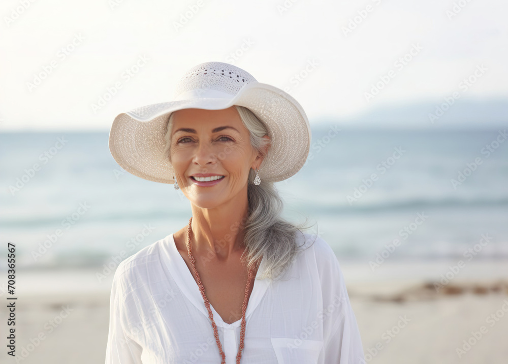 Portrait of a woman in a white hat, against the background of the setting sun on the seashore. A stylish mature lady looks at the sea and the horizon. The concept of travel and recreation.