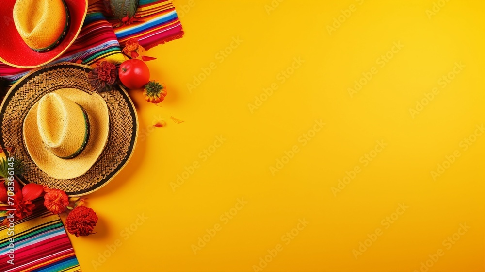 Cinco de Mayo Fiesta: Top View Photo of Colorful Celebration with Nacho Chips, Salsa, Tequila, and Sombrero Hats on Bright Yellow Background - Copyspace for Text and Promotional Content.