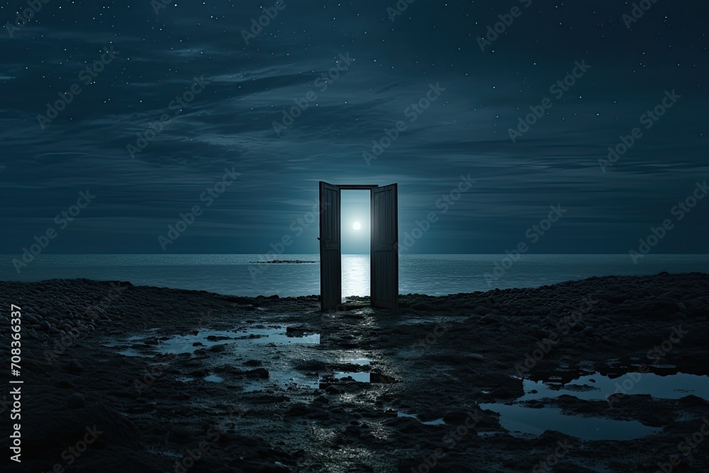A door on the ocean through which the light is visible.