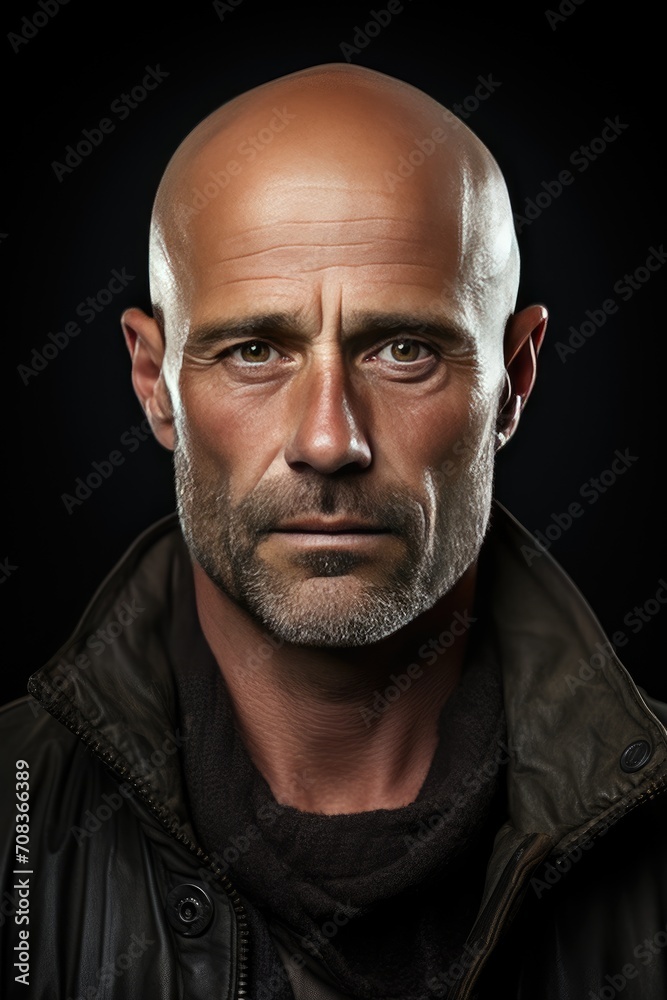 Fototapeta premium A man without hair in a dark jacket on a dark background.