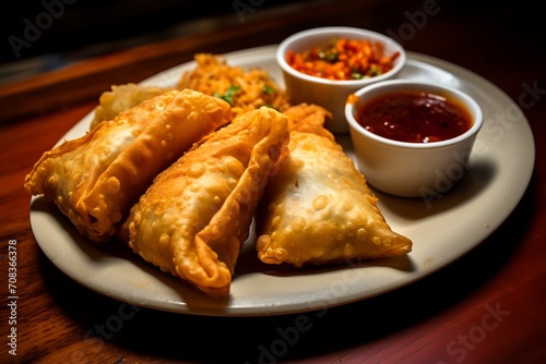 a small plate in which one fried samosa and one fried sandwich