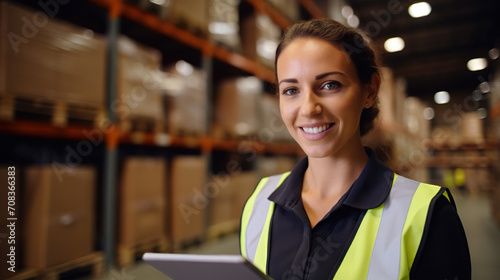 Smiling young woman wearing a high-visibility vest on blurred background of a warehouse. Copy space