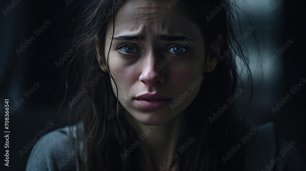 Detailed shot of a woman with wet hair, sad and scared.