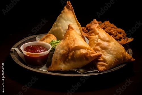 a small plate in which one fried samosa and one fried sandwich