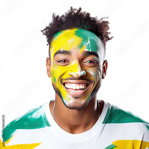 front view of a handsome man with his face painted with a St. Vincent & Grenadines flag colors smiling isolated on a white transparent background  photo