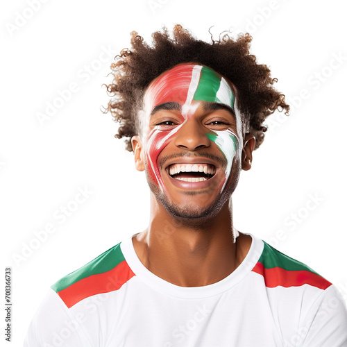 front view of a handsome man with his face painted with a Suriname flag colors smiling isolated on a white transparent background  photo