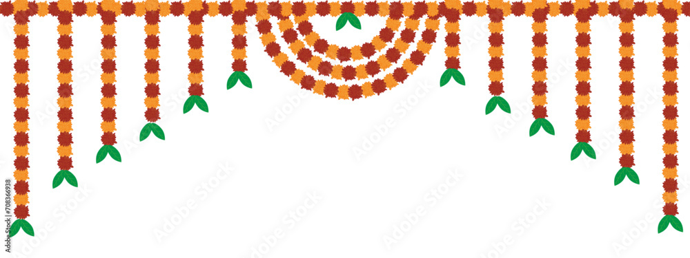 Traditional indian marigold floral garland vector,wedding and festival decoration,border flower decoration with transparent background - obrazy, fototapety, plakaty 