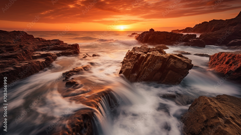 A striking sunset casting a warm, golden glow over a tranquil seascape.