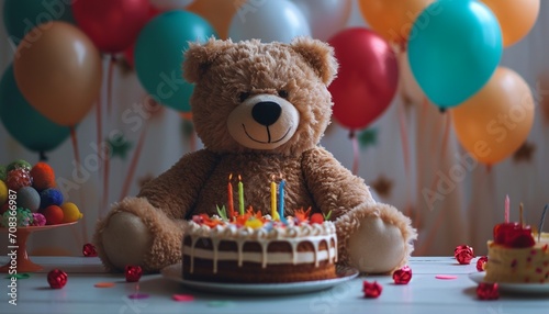 Teddy bear seated at a festive birthday table, surrounded by colorful balloons and a decadent birthday cake,