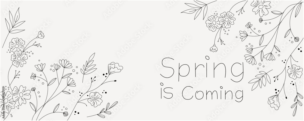 Beautiful flowers and natural leaves decoration spring illustration. Floral and botanical graphic for spring time. 