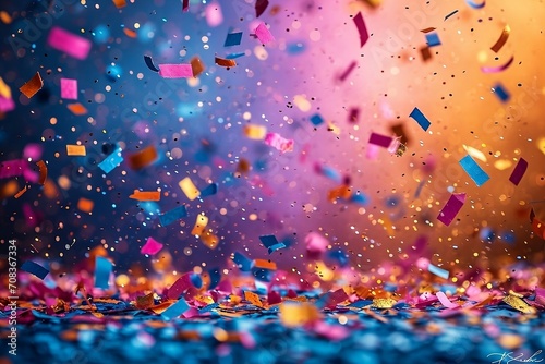 Dive into the festive atmosphere with this captivating image of colorful confetti against a vibrant bokeh background, creating a dynamic and celebratory visual experience for your projects photo