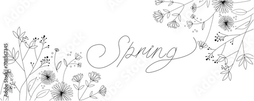 Beautiful flowers and natural leaves decoration spring illustration. Floral and botanical graphic for spring time. 