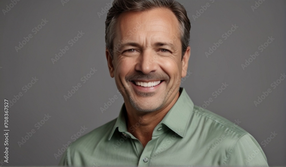 Fototapeta premium Happy middle aged business man entrepreneur, smiling mature professional executive manager, confident businessman leader investor wearing green from Generative AI