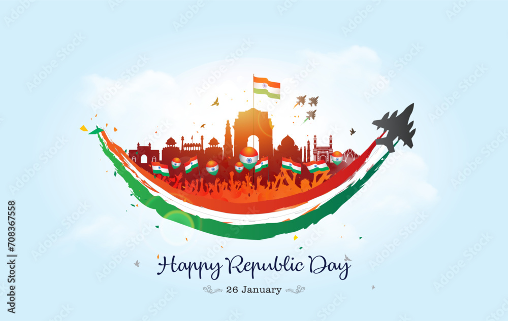 Vector illustration Happy republic day of India and Indian Army tricolor fighter jet parade at India gate with smile on 26 January.