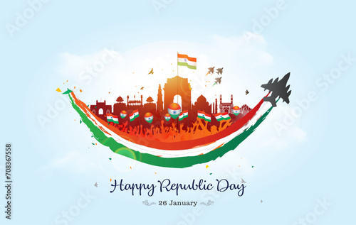 Vector illustration Happy republic day of India and Indian Army tricolor fighter jet parade at India gate with smile on 26 January.