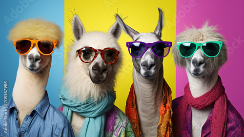 Lamas in bright, bright fashionable outfits on a brightly colored background © Samvel