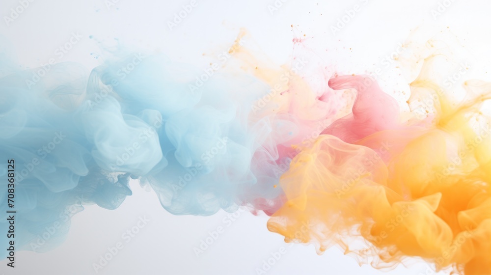 An artwork capturing the ethereal beauty of blue, pink, and yellow smoke plumes intertwining