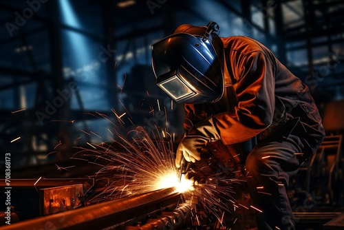 industrial worker is welding steel products in the factory