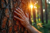 A man's hand touches the trunk of the tree. Generative Ai.